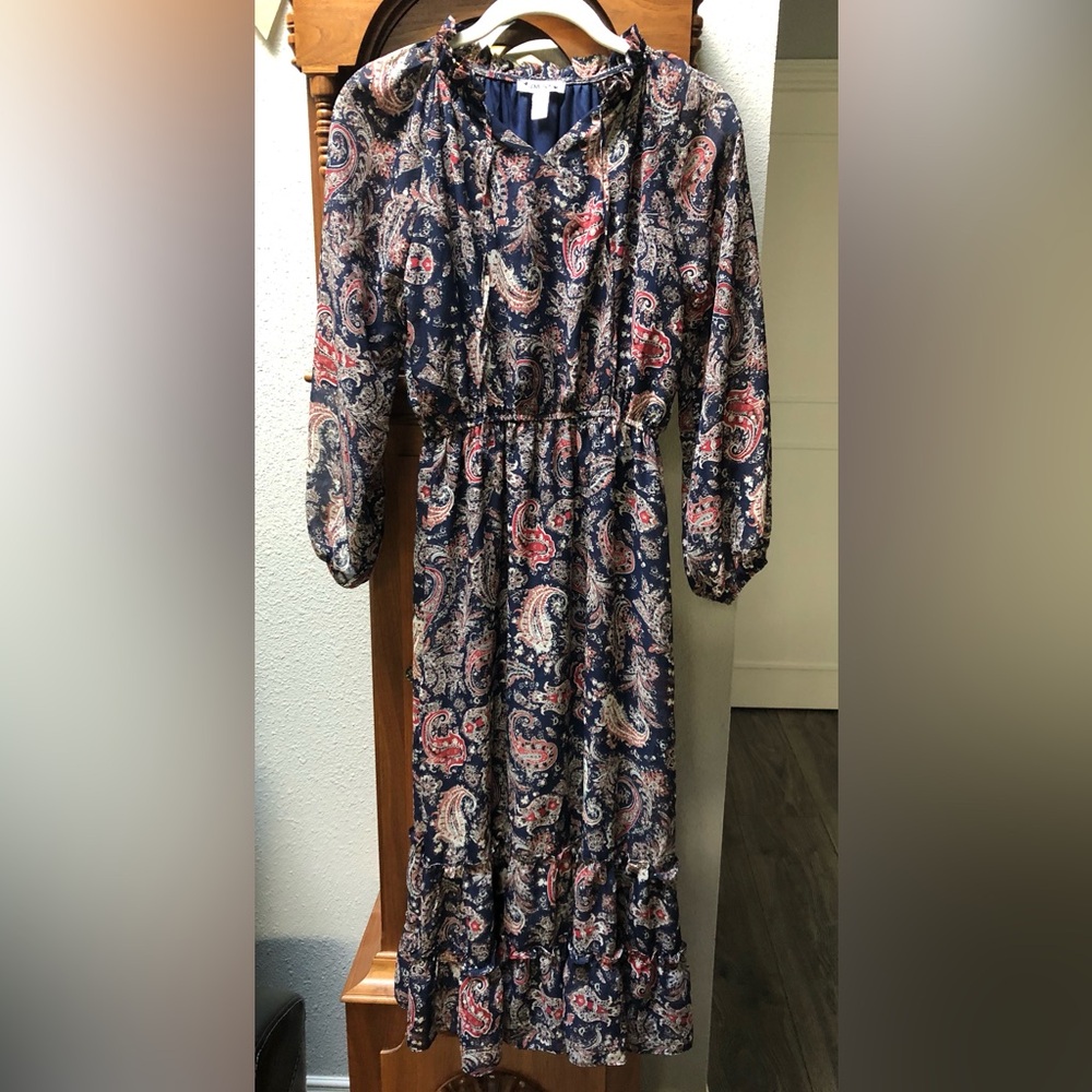 Paisley-Print Long Sleeve Midi Dress in Navy and Red